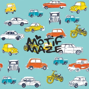 May include: A colourful illustration of various cars, motorcycles and bicycles on a light blue background. The text "motif maze" is written in black letters in the centre of the image.