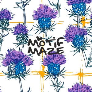 May include: A seamless pattern featuring purple and blue thistle flowers with a white background and yellow accents. The text "motif maze" is written in black in the centre of the design.
