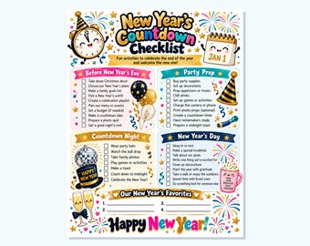 Lista kontrolna do odliczania do Nowego Roku do druku, 36 aktywności rodzinnych i plan przygotowań do imprezy, format PDF (list i A4)