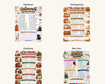 Zestaw do druku listy kontrolnej na święta, Halloween, Święto Dziękczynienia, Boże Narodzenie i Nowy Rok, aktywności rodzinne, pliki PDF w formacie Letter i A4