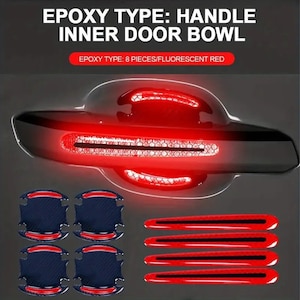 Puede incluir: Conjunto de ocho protectores de manijas de puertas de coche rojos y negros. Los protectores están hechos de epoxi y tienen un acabado rojo fluorescente. El conjunto incluye cuatro protectores de manijas de puerta y cuatro protectores de borde de puerta.