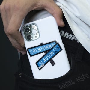 Sticker CRENSHAW SLAUSON Street Signs, Metallic, Los Angeles California Hyde Park Nipsey Hussle, Gift LA natives Rap fans Water Bottle Phone