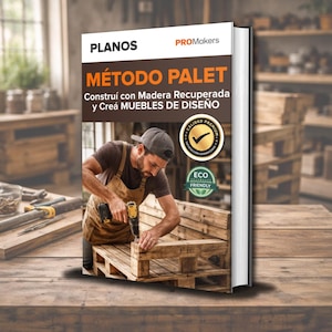 May include: A book titled "PLANOS MÉTODO PALET" with a man building furniture from reclaimed wood. The cover features text in Spanish and logos for "CALIDAD PREMIUM" and "ECO FRIENDLY". The book is on a wooden surface.