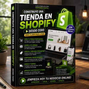 Może przedstawiać: Okładka książki z tytułem "CONSTRUYE UNA TIENDA EN SHOPIFY DESDE CERO" dużymi zielonymi i białymi literami. Na okładce znajduje się laptop, smartfon i wózek na zakupy, na których wyświetlany jest sklep Shopify. Zielona torba na zakupy z logo Shopify jest również obecna.