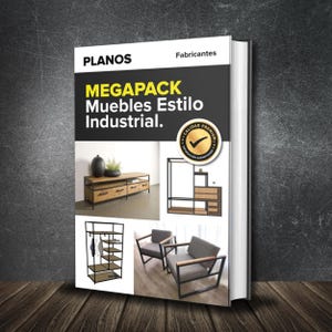 Puede incluir: Un libro titulado "PLANOS MEGAPACK Muebles Estilo Industrial" con imágenes de muebles de estilo industrial. La portada muestra una variedad de muebles, incluyendo un mueble de TV, una estantería y sillones. También se ve un sello "Calidad Premium".