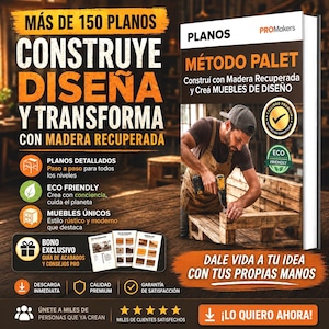 Può includere: Una pubblicità per progetti di falegnameria. L'immagine mostra un uomo che usa un trapano per assemblare una panca di pallet di legno. Il testo include "Costruisci, Progetta e Trasforma con Legno Riciclato" e "Oltre 150 progetti."