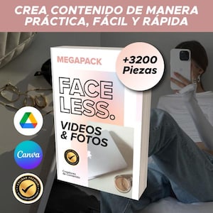 Peut inclure: Une boîte blanche avec le texte "FACE LESS. VIDEOS & FOTOS" et le mot "MEGAPACK" en rose. Un cercle avec le texte "+3200 Pièces" est en haut à droite. Le logo Canva et un sceau doré sont également visibles.