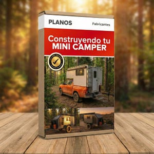 以下が含まれることがあります： 上部に「PLANOS」と「Fabricantes」の文字が入った段ボール箱。オレンジ色のピックアップトラックに搭載されたミニキャンピングカーの画像があり、赤色の「Construyendo tu MINI CAMPER」の文字があります。下にはミニキャンピングカーの画像があります。
