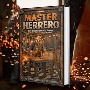 May include: A book titled "MASTER HERRERO" with a man holding a hammer on the cover. The cover has text in Spanish, and the book appears to be about the art and business of blacksmithing. The background shows a workshop with sparks.