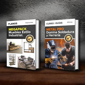Puede incluir: Dos libros con lomos y cubiertas blancas. El libro de la izquierda tiene el título "MEGAPACK Muebles Estilo Industrial" con imágenes de muebles. El libro de la derecha tiene el título "METAL PRO Domina Soldadura y Herrería" con imágenes de soldadura.