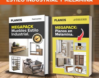May include: Two books with the titles "MEGAPACK Muebles Estilo Industrial" and "MEGAPACK: Planos en Melamina." The first book features furniture designs in an industrial style, while the second focuses on melamine furniture plans. The books are on a wooden surface.