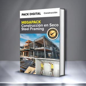 May include: A book titled "MEGAPACK Construcción en Seco Steel Framing" with images of steel frame construction. The cover features the text "PACK DIGITAL Construcción" and a "CALIDAD PREMIUM" seal. The book is on a reflective surface.
