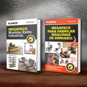 May include: Two books with the title "PLANOS" on the top. The left book is titled "MEGAPACK Muebles Estilo Industrial" with images of furniture. The right book is titled "MEGAPACK PARA FABRICAR MÁQUINAS DE GIMNASIO" with images of gym equipment.