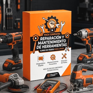 May include: An orange and black box set with the text "REPARACIÓN Y MANTENIMIENTO DE HERRAMIENTAS" is surrounded by power tools. The tools include a drill, impact driver, grinder, jigsaw, and multimeter. The box has icons and text.