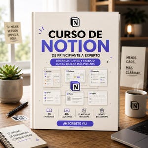 May include: A white book titled "CURSO DE NOTION" with blue and black text. The book cover includes the Notion logo and details about the course, such as modules, lessons, and bonuses. A mug with the Notion logo and a laptop are also visible.