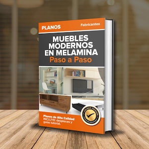 以下が含まれることがあります： 「Muebles Modernos en Melamina Paso a Paso」というタイトルの本。上部に「Planos」という文字があります。表紙には家具のイラストと「Planos de Alta Calidad」という文字と品質保証のシールが描かれています。