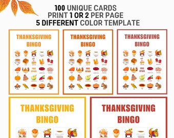 May include: Five printable Thanksgiving bingo cards with different coloured backgrounds. Each card has a 5x5 grid with images of Thanksgiving-themed items like a cornucopia, pumpkin pie, and turkey. The text "THANKSGIVING BINGO" is at the top of each card.
