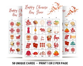 Chinesisches Neujahrs-Bingospiel für Kinder und Erwachsene, 50 Mond-Neujahrs-Bingokarten, druckbare chinesische Neujahrsaktivitäten 2024, CNY-Partyspiel