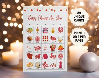 Chinesisches Neujahr Bingo Spiel für Kinder und Erwachsene, 80 Lunar New Year Bingo Karten, druckbare Chinesisches Neujahr 2024 Aktivitäten, CNY Party Game