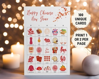 Chinesisches Neujahrs-Bingospiel für Kinder und Erwachsene, 100 Mond-Neujahrs-Bingokarten, druckbare chinesische Neujahrsaktivitäten 2024, CNY-Partyspiel
