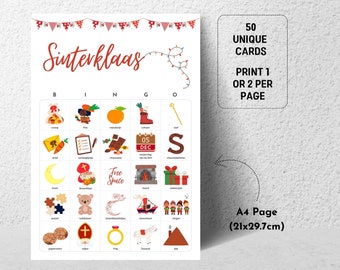 Sinterklaas Bingo, 50 Sinterklaas Bingo Karten für Kinder, druckbare holländische Vorschule Klassenzimmer Saint Nicolas Bingo Spiel, Saint Bingo Spiel
