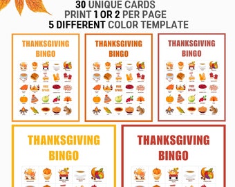 May include: Set of 30 unique Thanksgiving bingo cards with 5 different colour templates. Each card features a 5x5 grid with images of Thanksgiving-themed items like a cornucopia, pumpkin pie, and turkey. The text "THANKSGIVING BINGO" is printed at the top of each card.