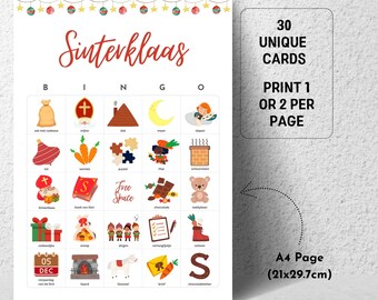 Sinterklaas Bingo, 30 Sinterklaas Bingokarten für Kinder, Holländisches Vorschul-Klassenzimmer Saint Nicolas Bingo Spiel, Holländisches Heiligen Bingo Spiel für Kinder