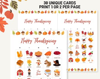 Thanksgiving Bingo, 30 Thanksgiving Bingokarten, druckbare Thanksgiving Partyspiele für Kinder Erwachsene Familie, Thanksgiving Klassenzimmer Aktivität