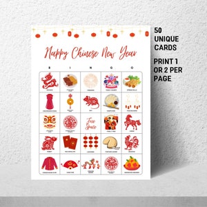 Chinesisches Neujahr Bingo Spiel für Kinder und Erwachsene, 50 Lunar New Year Bingo Karten, druckbare Chinesisches Neujahr 2024 Aktivitäten, CNY Party Game
