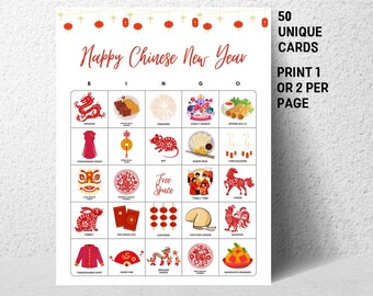 Chinesisches Neujahr Bingo Spiel für Kinder und Erwachsene, 50 Lunar New Year Bingo Karten, druckbare Chinesisches Neujahr 2024 Aktivitäten, CNY Party Game