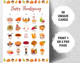 Thanksgiving Bingo, 50 Thanksgiving Bingokarten, druckbare Thanksgiving Partyspiele für Kinder Erwachsene Familie, Thanksgiving Klassenzimmer Aktivität