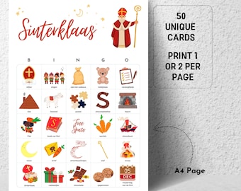 Sinterklaas Bingo, 50 Sinterklaas Bingo Karten für Kinder, Druckbare holländische Vorschul-Klassenzimmer Saint Nicolas Bingo Spiel, Saint Bingo Spiel