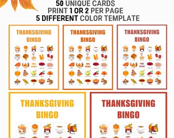 Thanksgiving Bingo 50 Karten, druckbare Thanksgiving-Party-Spiele für Erwachsene Kinder, Thanksgiving-Bingo-Spiele digital, Vorschul-Bingo-Brett