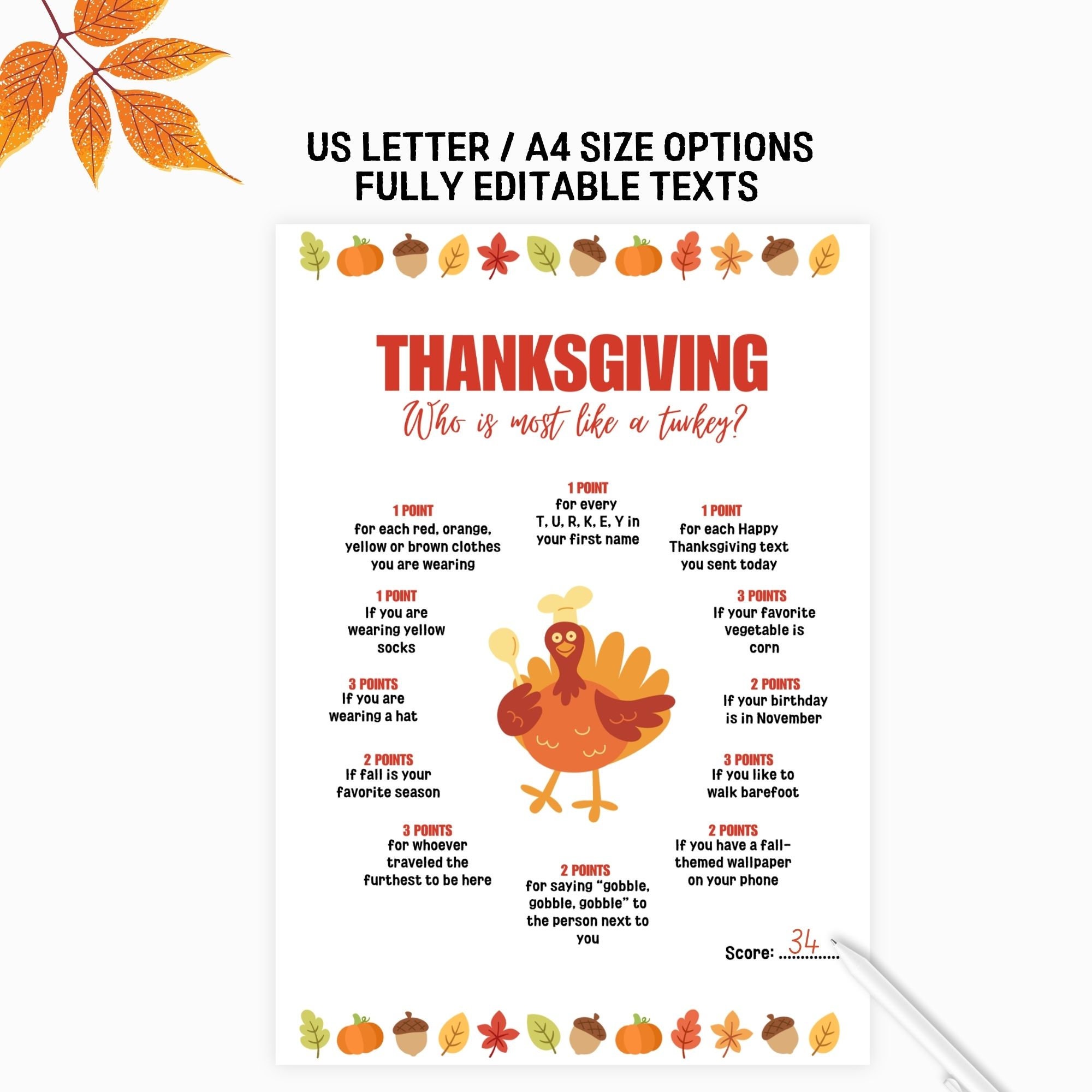 Editable Printable Thanksgiving Who is Most Like the Turkey Game