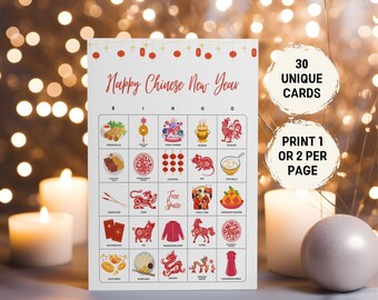 Chinesisches Neujahrs-Bingospiel für Kinder und Erwachsene, 30 Mond-Neujahrs-Bingokarten, druckbare Chinesische Neujahrsaktivitäten 2024, CNY-Partyspiel