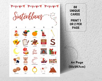 Sinterklaas Bingo, 80 Sinterklaas Bingo Karten für Kinder, Druckbare holländische Vorschul-Klassenzimmer Saint Nicolas Bingo Spiel, Saint Bingo Spiel