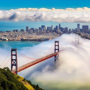 San Francisco bridge art, Foggy skyline, Golden Gate, Cloud-covered, AI artwork, Surreal landscape, dreamy, Home decor