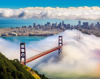San Francisco bridge art, Foggy skyline, Golden Gate, Cloud-covered, AI artwork, Surreal landscape, dreamy, Home decor