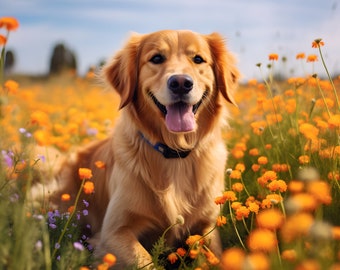 Smiling Golden Retriever in Flower Field - Happy Dog Photoshoot - Professional Photography Print - Pet Lover Gift - Pet Print