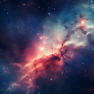 May include: A vibrant nebula with swirling clouds of red, pink, and blue against a dark starry background.