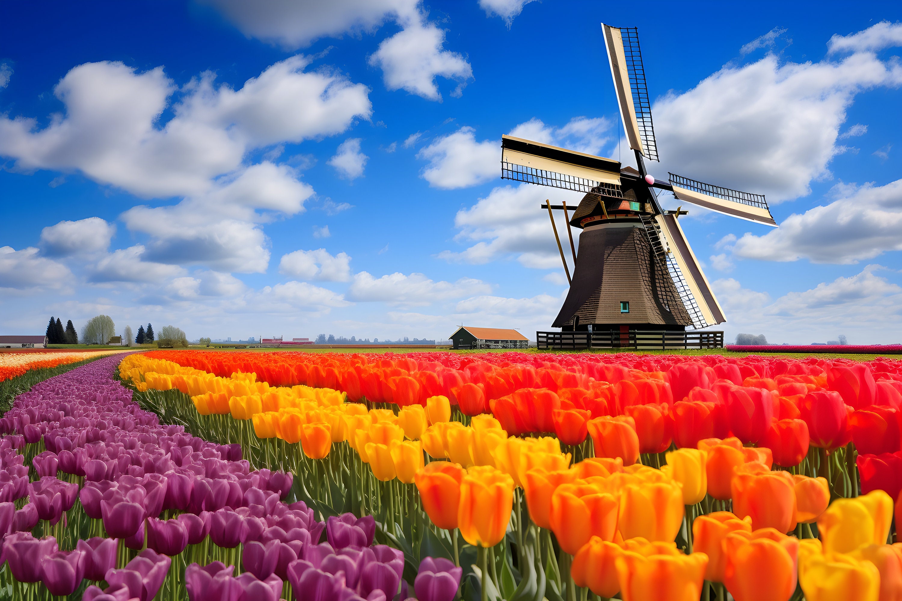 Colorful Tulip Fields Print - Old Windmill and Barn - Floral Wall Art ...