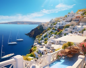 Santorini Greece Print - Overlooking Water - Balcony View  - Greek Island Photography - Coastal Wall Art - Travel Photography Print