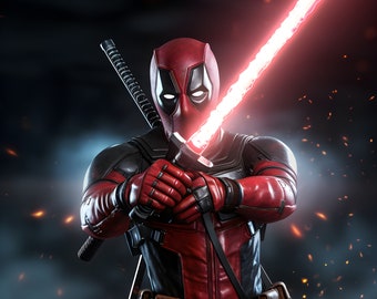 Deadpool with Red Lightsaber: Cinematic Artwork of Mischievous Marvel Hero Embracing the Force.