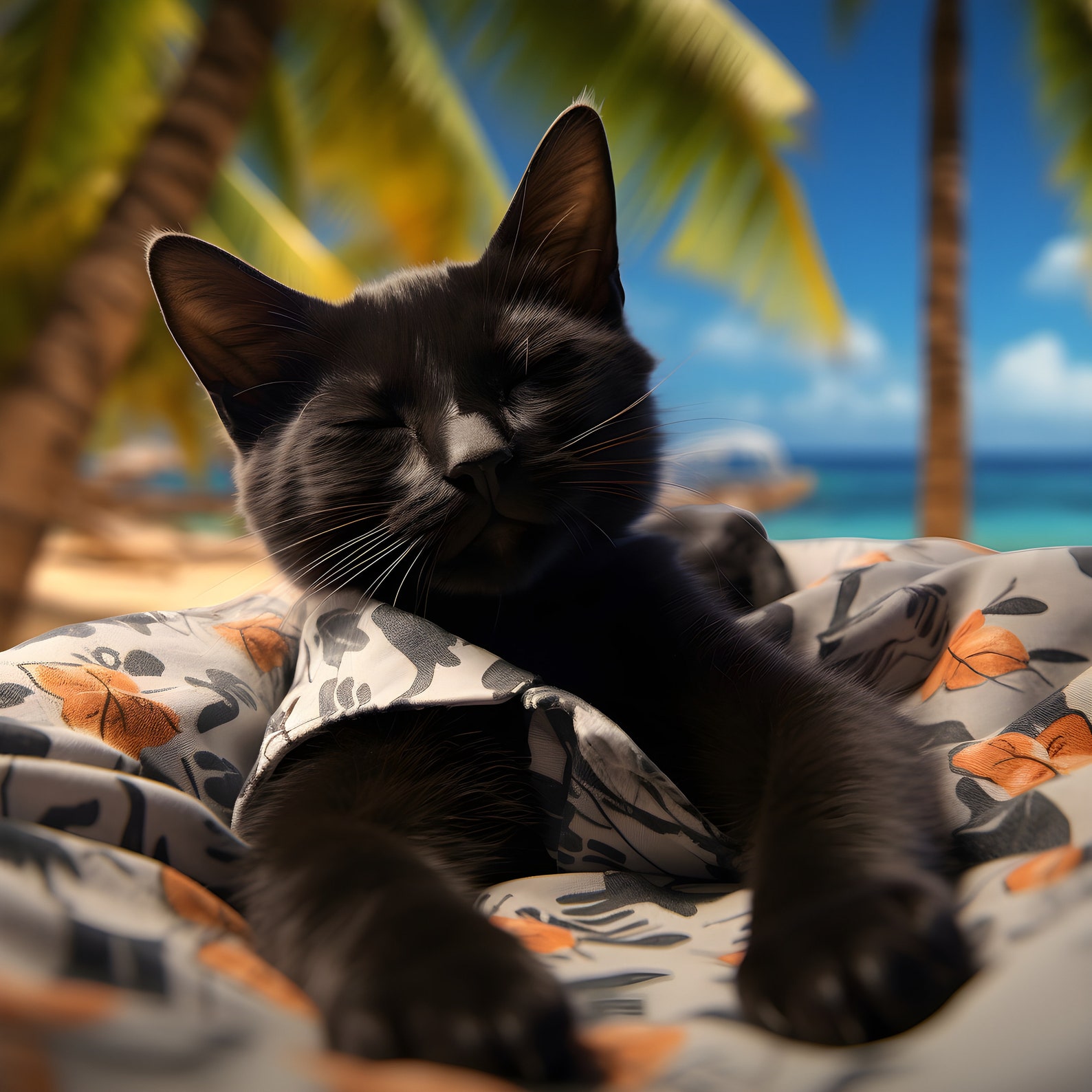 Sleeping Black Cat on Beach - Hawaiian Shirt Cat - Pet Lover Gift ...