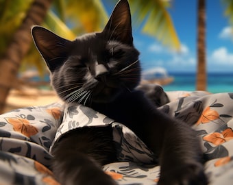 Sleeping Black Cat on Beach - Hawaiian Shirt Cat - Pet Lover Gift - Beach Decor - Cat Art