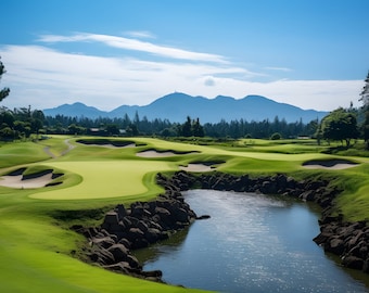 Captivating Golf Course Landscape. Majestic Mountains, Emerald Fairways, Serene Water. A Stunning Fusion of Beauty and Golfing Excellence.