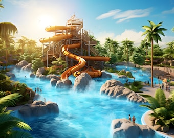 Water Park Adventure Art: Thrilling Slides, Meandering Rivers, Wave Pools. Experience Endless Fun, Excitement, and Cherished Memories.