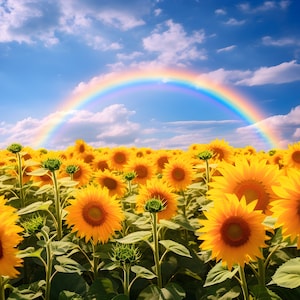 Sunflower Field Art - Vast and Colorful, Rainbow Background - Digital Print, Professional Photography