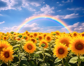 Sunflower Field Art - Vast and Colorful, Rainbow Background - Digital Print, Professional Photography