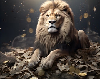 Majestic Lion with Cash and Crypto Print - Financial Prosperity - Symbolic Wealth - Regal Power - Wall Art Decor - Lion King - Crypto Art